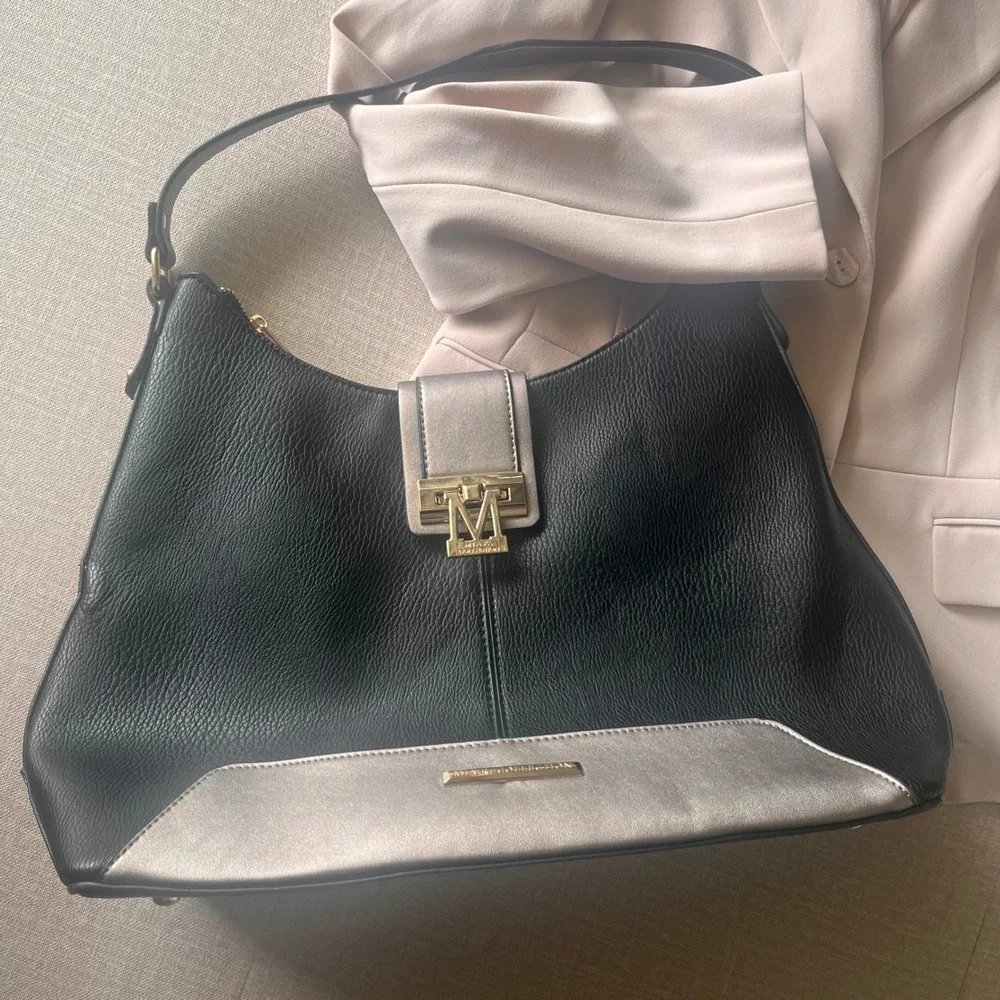 MIA K Collection Black Taupe Faux Leather Hobo Shoulder Bag Gold Hardware